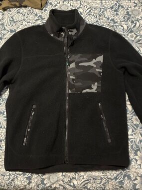 Black Sherpa Zip Jacket with Gray Camo Chest Pocket